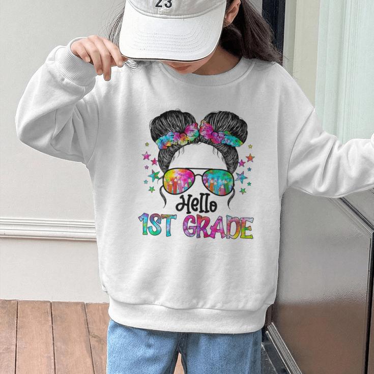 Messy Hair Bun Girl Back To School First Day Hello 1st Grade Graphic Kid Sweatshirt