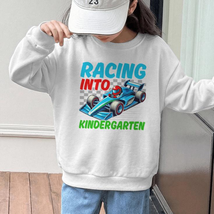Racing Into Kindergarten Race Car Driver Back To School Performance Graphic Kid Sweatshirt Racing Into Kindergarten Race Car Driver Back To School Performance Graphic Kid Sweatshirt