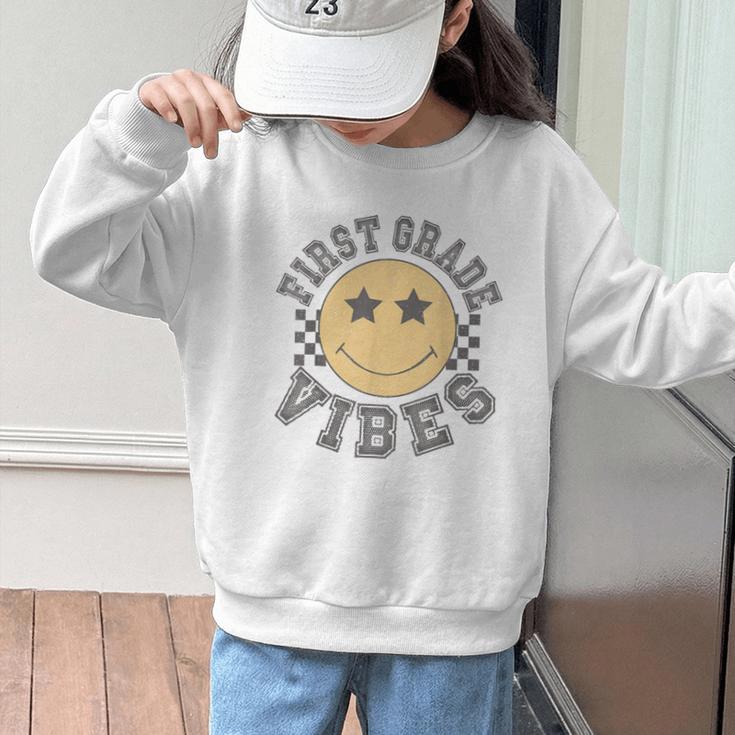 Retro First Grade Vibes Smile Face Back To School 1st Grade Graphic Kid Sweatshirt Retro First Grade Vibes Smile Face Back To School 1st Grade Graphic Kid Sweatshirt