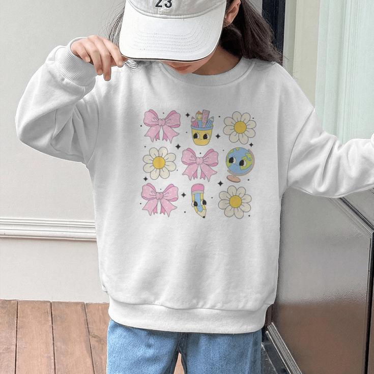 Retro Groovy Back To School Coquette First Day Of School Graphic Kid Sweatshirt