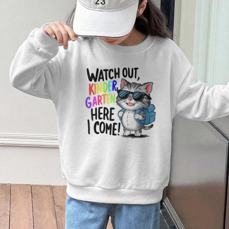 Watch Out Kindergarten Here I Come Cute Cat Back To School Graphic Kid Sweatshirt Watch Out Kindergarten Here I Come Cute Cat Back To School Graphic Kid Sweatshirt