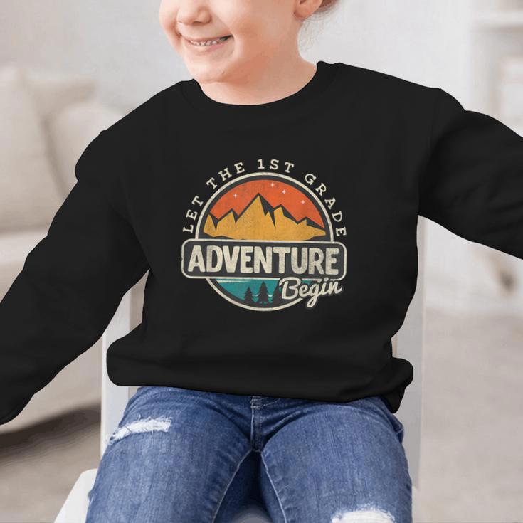 1st First Grade Shirt Adventure Begin Back To School Graphic Kid Sweatshirt 1st First Grade Shirt Adventure Begin Back To School Graphic Kid Sweatshirt