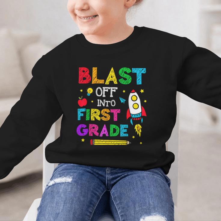 Blast Off Into First Grade Squad First Day Back To School Graphic Kid Sweatshirt Blast Off Into First Grade Squad First Day Back To School Graphic Kid Sweatshirt