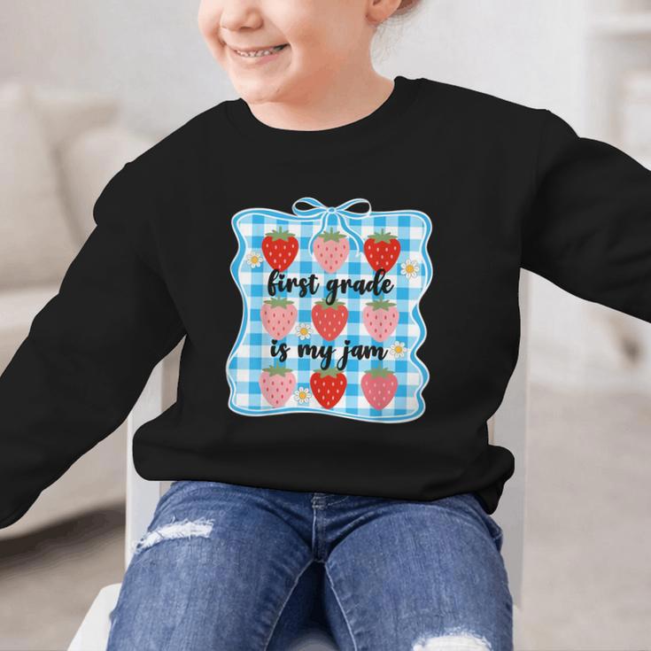 First Grade Is My Jam Strawberry 1st Grade Back To School Graphic Kid Sweatshirt First Grade Is My Jam Strawberry 1st Grade Back To School Graphic Kid Sweatshirt