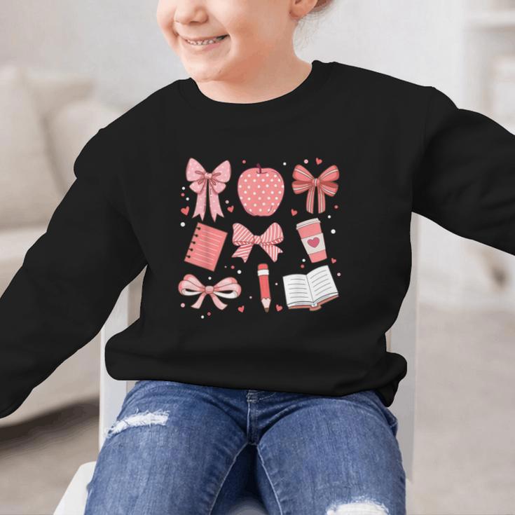 Happy Back To School 1st Day Toddler Girl Boho Coquette Bows Graphic Kid Sweatshirt Happy Back To School 1st Day Toddler Girl Boho Coquette Bows Graphic Kid Sweatshirt
