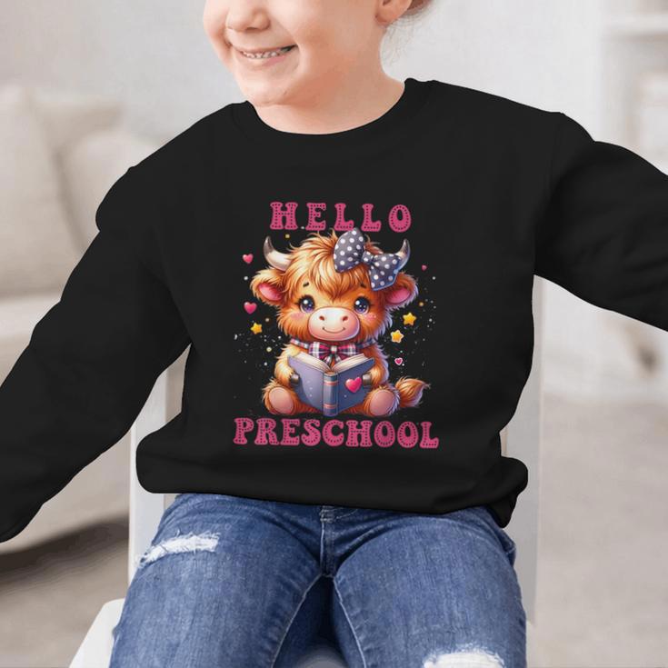 Hello Preschool Cute Highland Cow Lover Back To School Graphic Kid Sweatshirt Hello Preschool Cute Highland Cow Lover Back To School Graphic Kid Sweatshirt