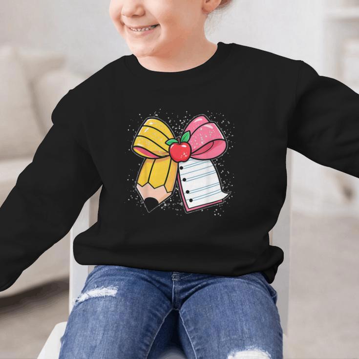 Pencil Coquette Bow Happy First Day Of School Back To School Graphic Kid Sweatshirt Pencil Coquette Bow Happy First Day Of School Back To School Graphic Kid Sweatshirt