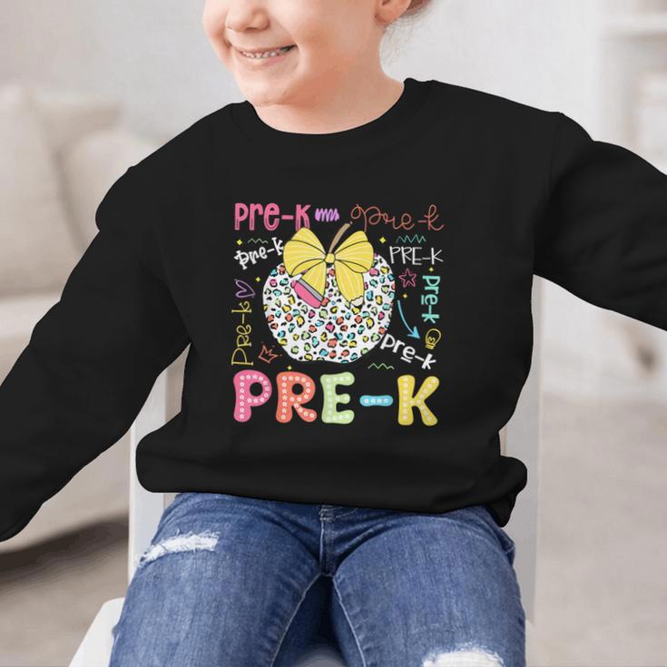 Pre-K Typography First Day Back To School Leopard Apple Graphic Kid Sweatshirt Pre-K Typography First Day Back To School Leopard Apple Graphic Kid Sweatshirt