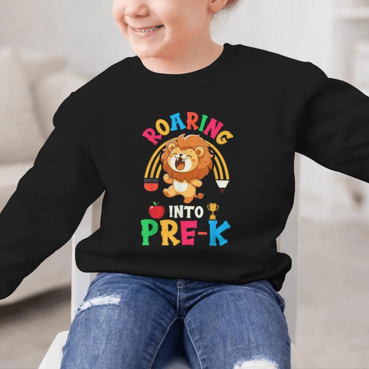 Roaring Into Pre-Kindergarten Lion Pre K Back To School Graphic Kid Sweatshirt Roaring Into Pre-Kindergarten Lion Pre K Back To School Graphic Kid Sweatshirt