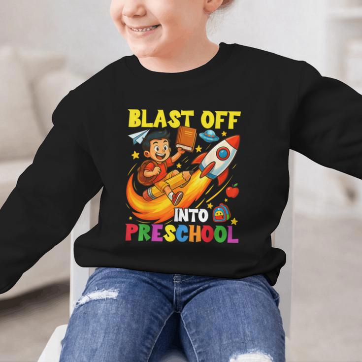 Rocket Blast Off Into Preschool Back To School Graphic Kid Sweatshirt Rocket Blast Off Into Preschool Back To School Graphic Kid Sweatshirt