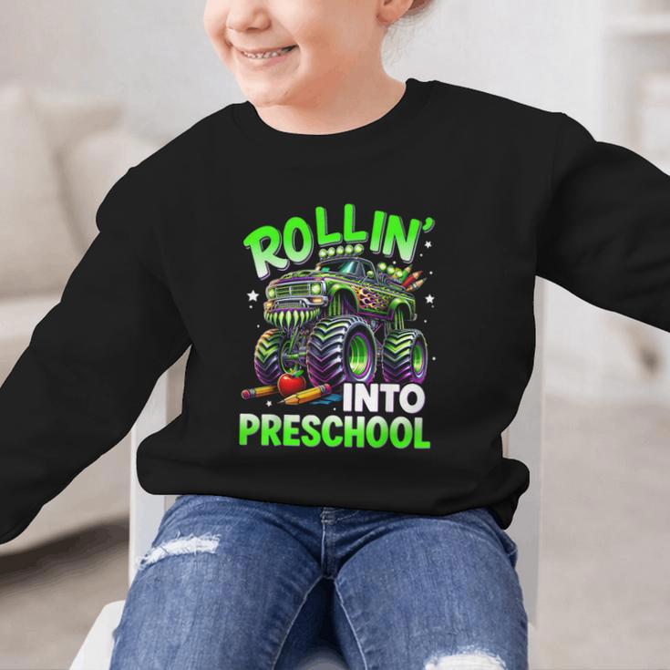 Rollin' Into Preschool Monster Truck Back To School Boys Graphic Kid Sweatshirt Rollin' Into Preschool Monster Truck Back To School Boys Graphic Kid Sweatshirt