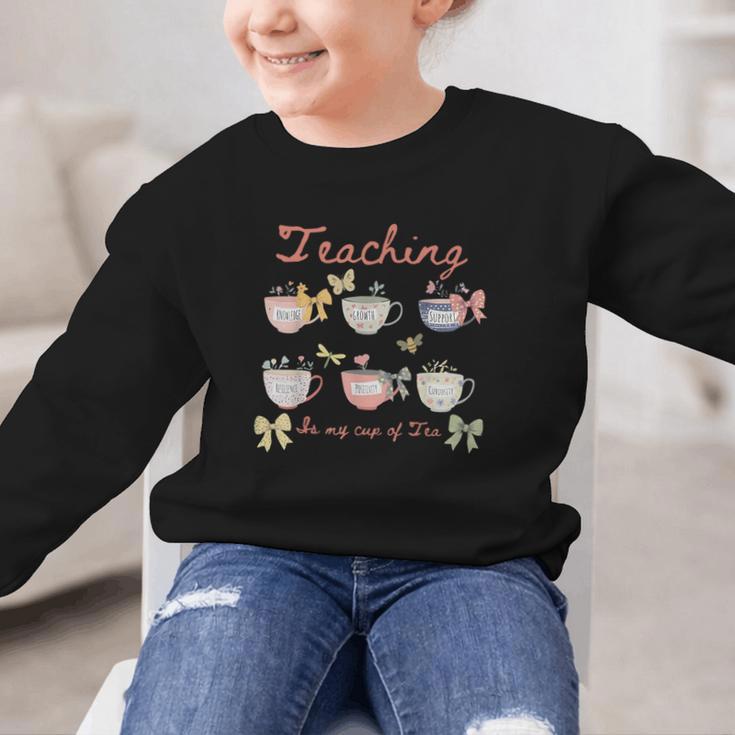 Teaching Is My Cup Of Tea Coquette Bow Floral Back To School Graphic Kid Sweatshirt