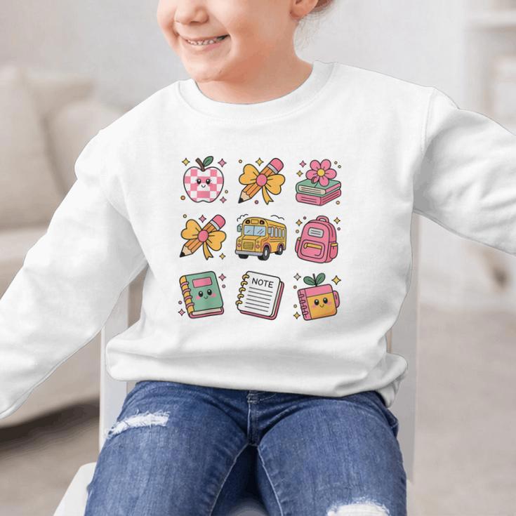 Back To School Coquette Bow First Day Of School Toddler Girl Graphic Kid Sweatshirt Back To School Coquette Bow First Day Of School Toddler Girl Graphic Kid Sweatshirt