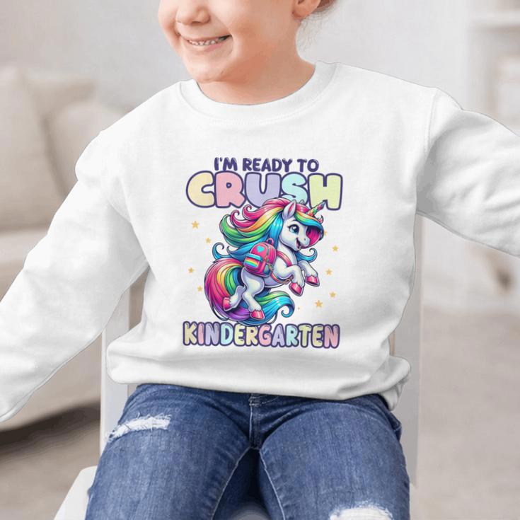 Crush Kindergarten Girls Back To School Unicorn First Day Graphic Kid Sweatshirt Crush Kindergarten Girls Back To School Unicorn First Day Graphic Kid Sweatshirt