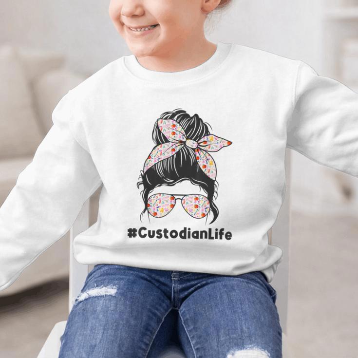 Custodian Life Messy Bun Hair Glasses Leopard Back To School Graphic Kid Sweatshirt Custodian Life Messy Bun Hair Glasses Leopard Back To School Graphic Kid Sweatshirt