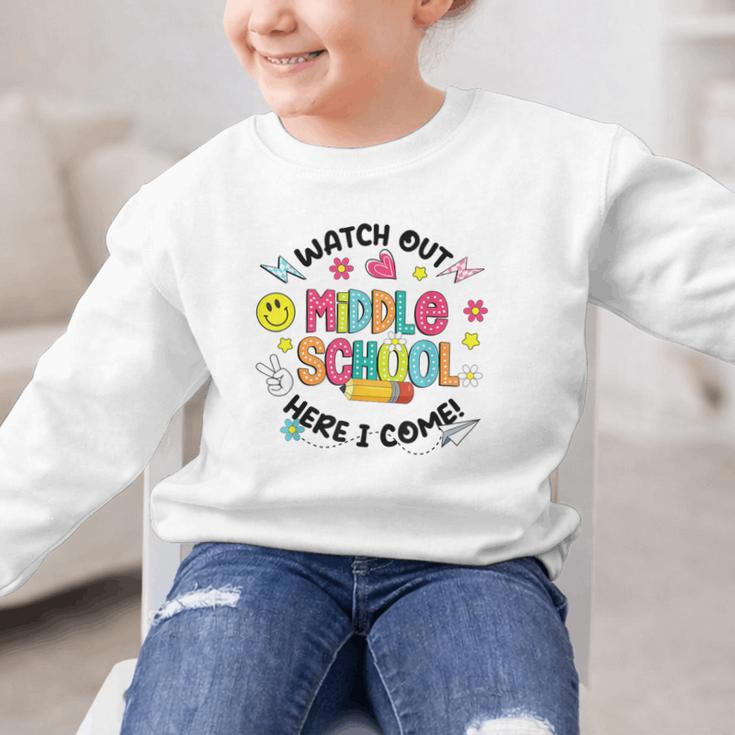 Groovy Watch Out Middle School Here I Come Back To School Graphic Kid Sweatshirt Groovy Watch Out Middle School Here I Come Back To School Graphic Kid Sweatshirt