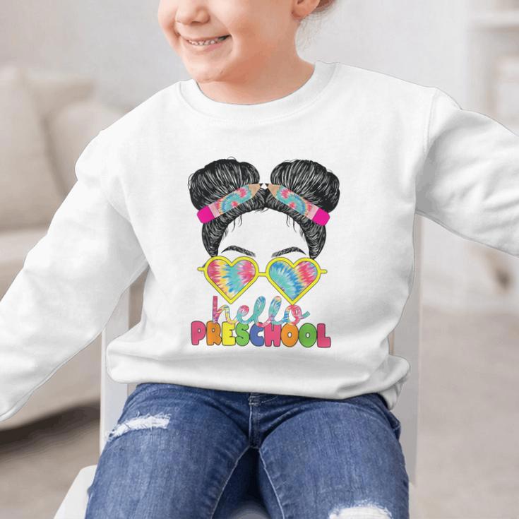 Hello Preschool Messy Bun Tie Dye Back To School Girls Kids Graphic Kid Sweatshirt