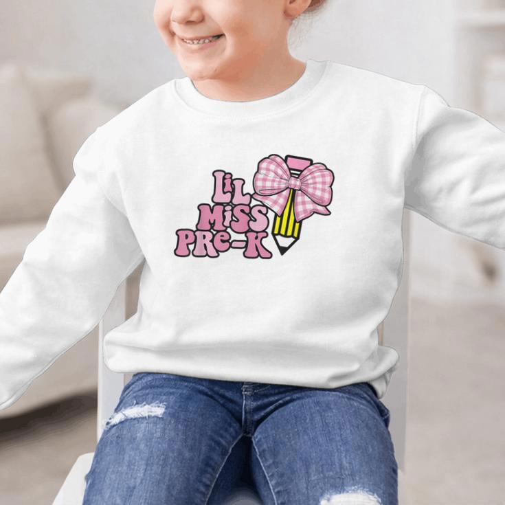 LiL Miss Pre-K Back To School Girls Coquette Bow First Day Graphic Kid Sweatshirt LiL Miss Pre-K Back To School Girls Coquette Bow First Day Graphic Kid Sweatshirt