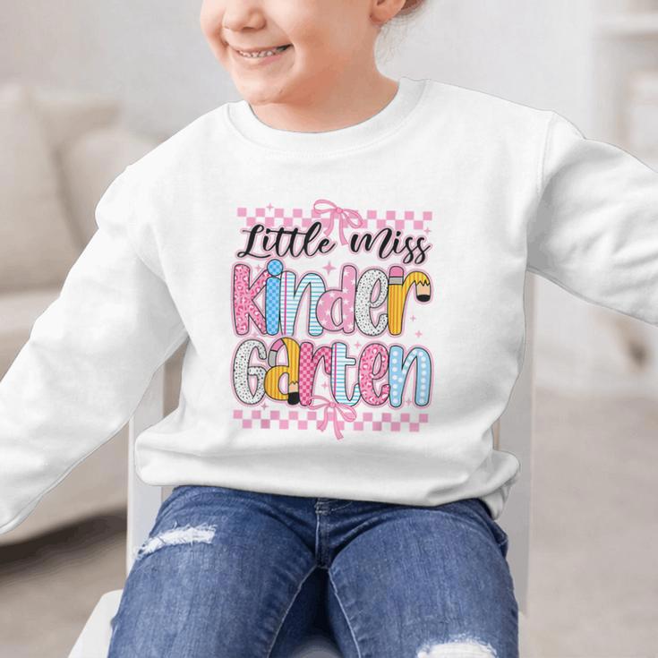 Little Miss Kindergarten Back To School Girls Coquette Bow Graphic Kid Sweatshirt Little Miss Kindergarten Back To School Girls Coquette Bow Graphic Kid Sweatshirt