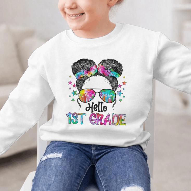 Messy Hair Bun Girl Back To School First Day Hello 1st Grade Graphic Kid Sweatshirt