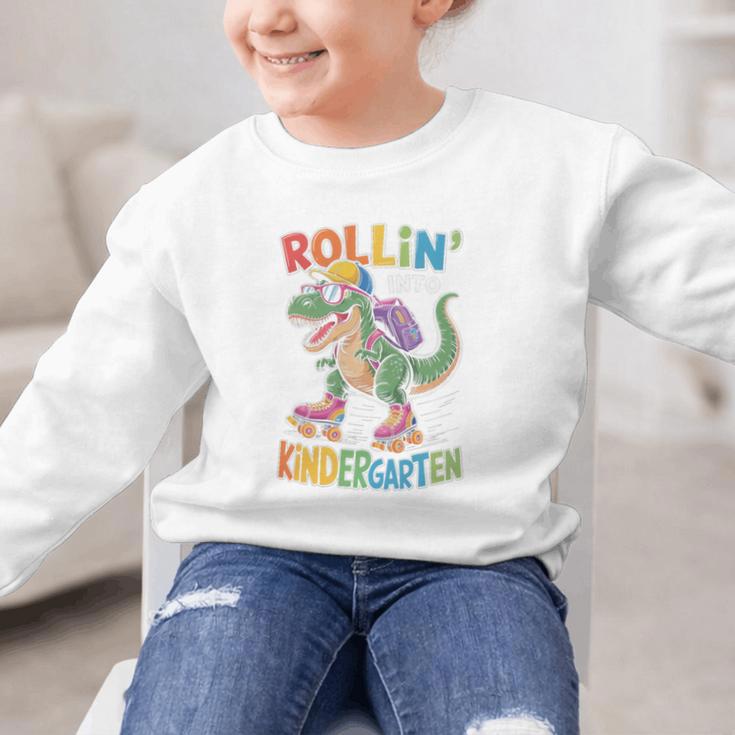 T Rex Rollin Into Kindergarten Back To School First Day Boys Graphic Kid Sweatshirt T Rex Rollin Into Kindergarten Back To School First Day Boys Graphic Kid Sweatshirt