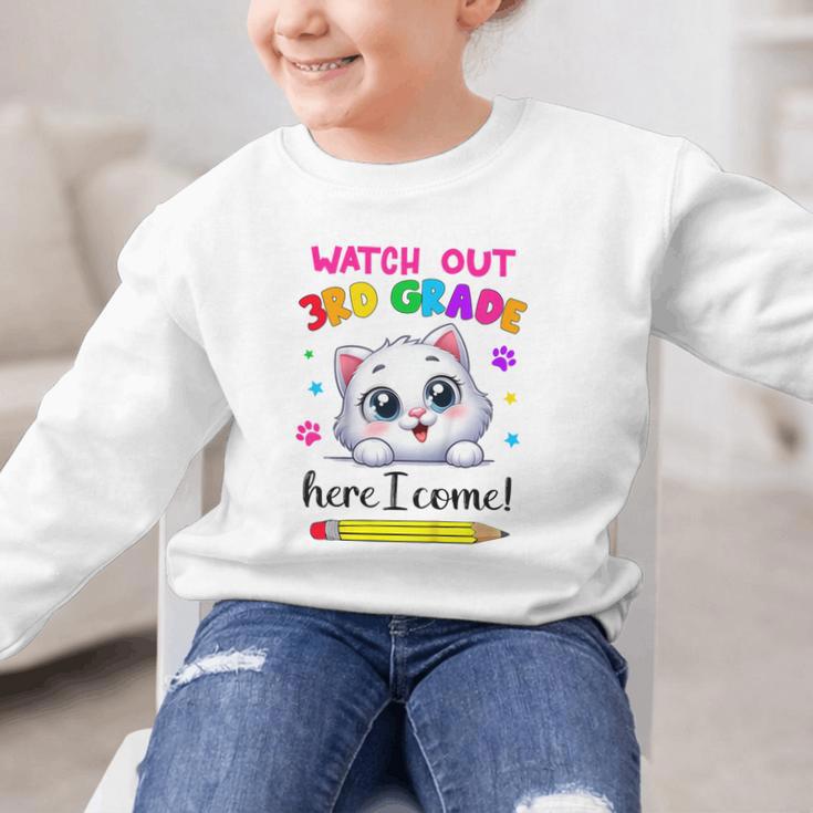 Watch Out 3rd Grade Here I Come Girls Cat Back To School Graphic Kid Sweatshirt