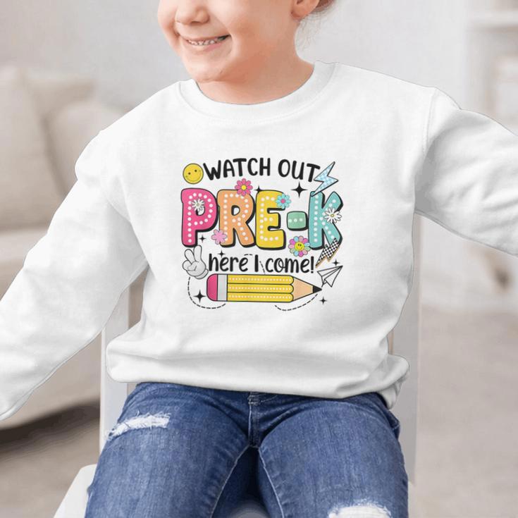 Watch Out Pre-K Here I Come Back To School Pre-K Graphic Kid Sweatshirt