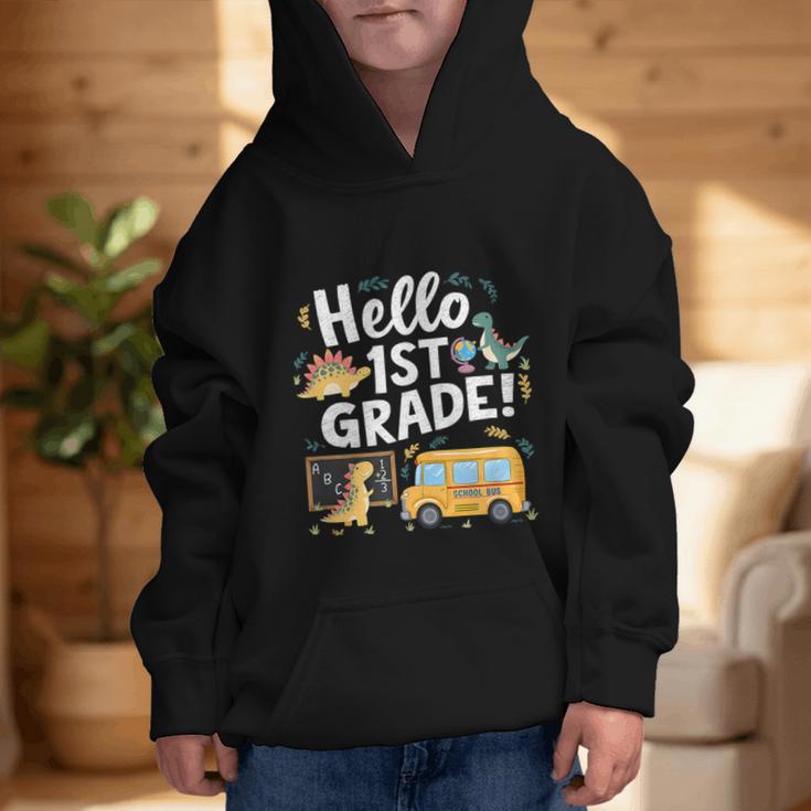 Cute Hello 1st Grade Dinosaur School Back To School Dino Bus Graphic Kid Hoodie Cute Hello 1st Grade Dinosaur School Back To School Dino Bus Graphic Kid Hoodie