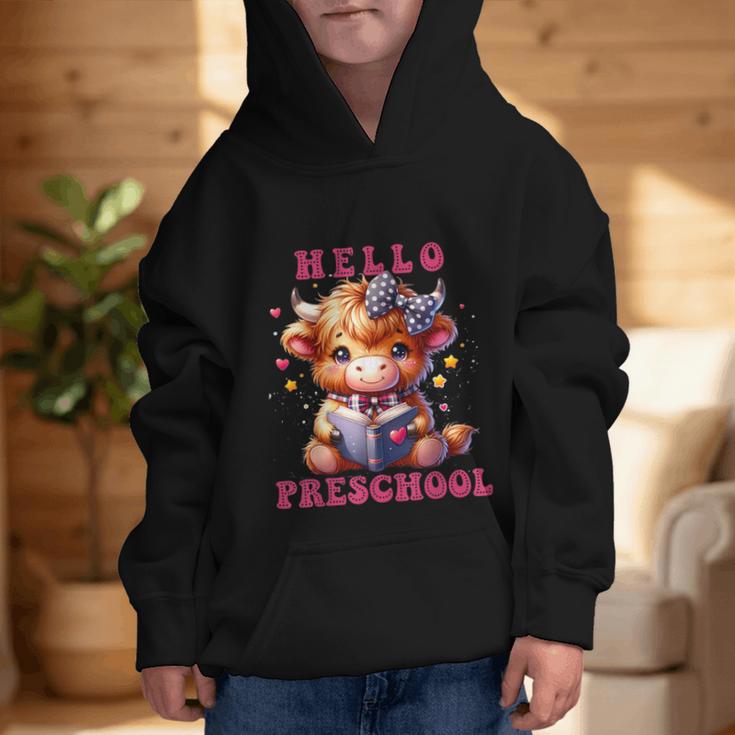 Hello Preschool Cute Highland Cow Lover Back To School Graphic Kid Hoodie Hello Preschool Cute Highland Cow Lover Back To School Graphic Kid Hoodie