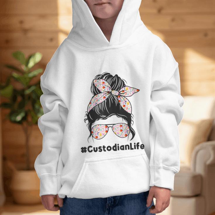 Custodian Life Messy Bun Hair Glasses Leopard Back To School Graphic Kid Hoodie