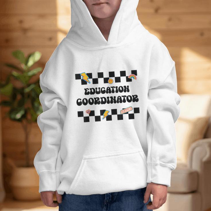 Education Coordinator Groovy Back To School Checkered Graphic Kid Hoodie Education Coordinator Groovy Back To School Checkered Graphic Kid Hoodie