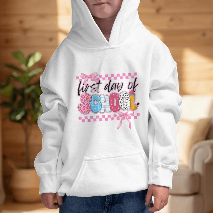 Girl First Day Of School Coquette Bow Pink Back To School Graphic Kid Hoodie Girl First Day Of School Coquette Bow Pink Back To School Graphic Kid Hoodie