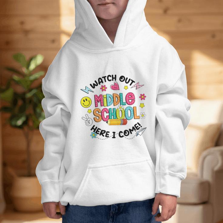 Groovy Watch Out Middle School Here I Come Back To School Graphic Kid Hoodie Groovy Watch Out Middle School Here I Come Back To School Graphic Kid Hoodie