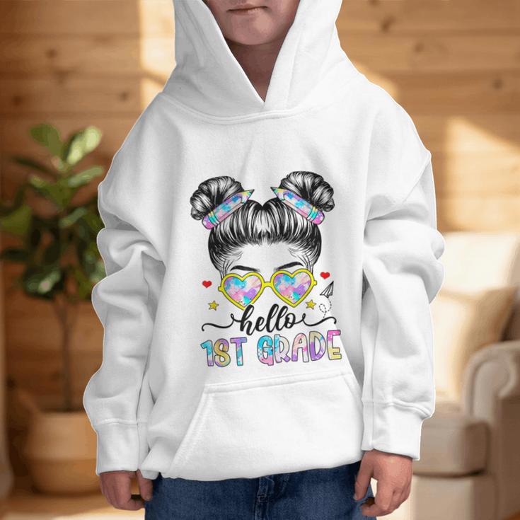 Hello 1st Grade Messy Bun Girl Back To School First Day Graphic Kid Hoodie