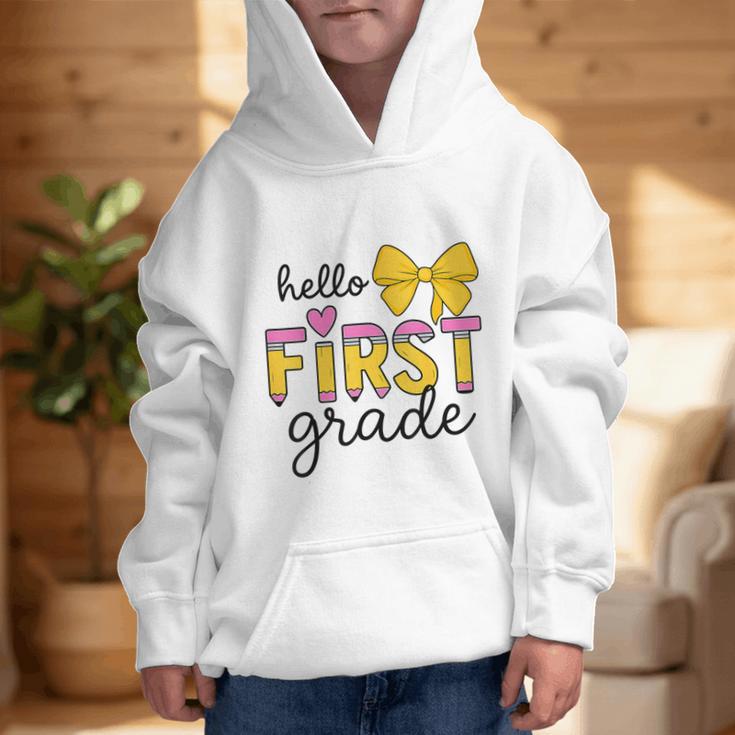 Hello First Grade For Girls Boys Cute Back To School Pencil Graphic Kid Hoodie Hello First Grade For Girls Boys Cute Back To School Pencil Graphic Kid Hoodie