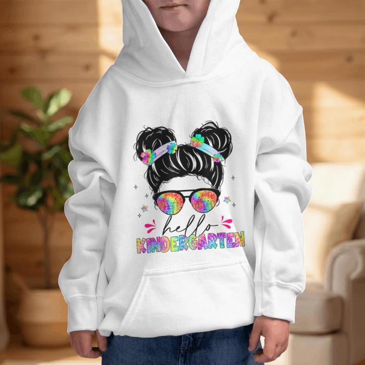 Hello Kindergarten Shirt Messy Bun Tie Dye Back To School Graphic Kid Hoodie Hello Kindergarten Shirt Messy Bun Tie Dye Back To School Graphic Kid Hoodie