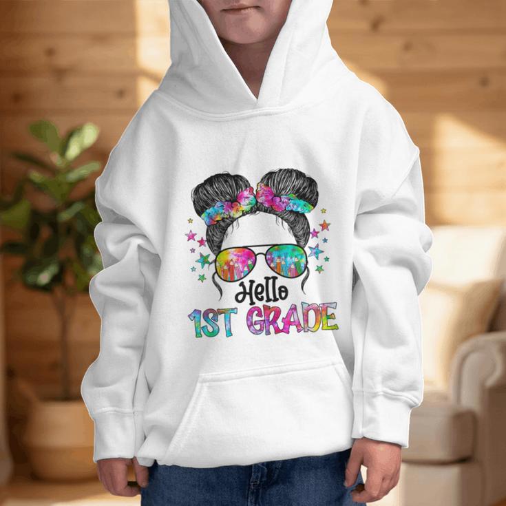 Messy Hair Bun Girl Back To School First Day Hello 1st Grade Graphic Kid Hoodie