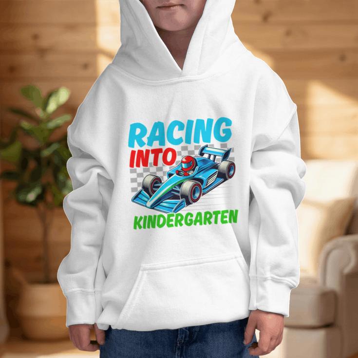 Racing Into Kindergarten Race Car Driver Back To School Performance Graphic Kid Hoodie Racing Into Kindergarten Race Car Driver Back To School Performance Graphic Kid Hoodie
