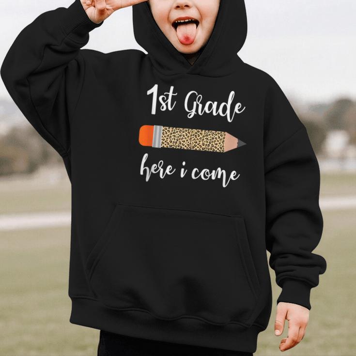 1st Grade Here I Come Leopard Pencil Back To School Student Graphic Kid Hoodie 1st Grade Here I Come Leopard Pencil Back To School Student Graphic Kid Hoodie
