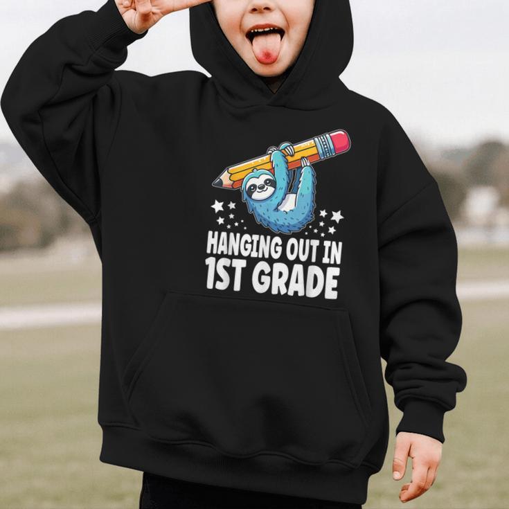 Back To School First Grade Sloth Hanging Out In 1st Grade Graphic Kid Hoodie