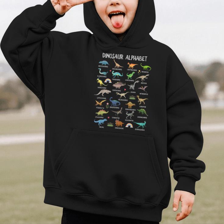 Back To School Types Of Dinosaurs Alphabet Identification Graphic Kid Hoodie Back To School Types Of Dinosaurs Alphabet Identification Graphic Kid Hoodie