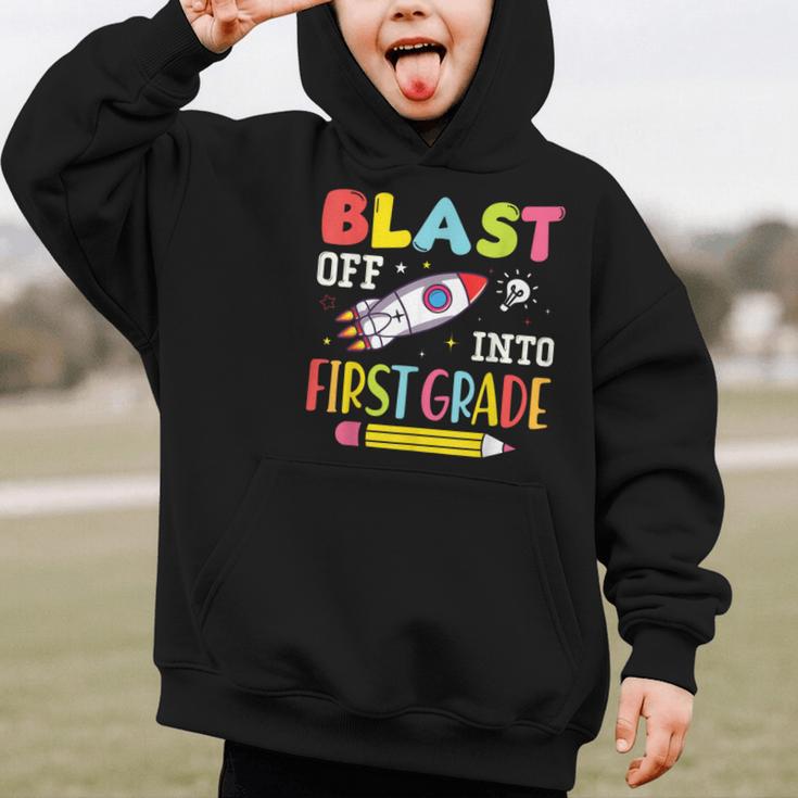 Blast Off Into First Grade Back To School Kids Rocket Space Graphic Kid Hoodie Blast Off Into First Grade Back To School Kids Rocket Space Graphic Kid Hoodie