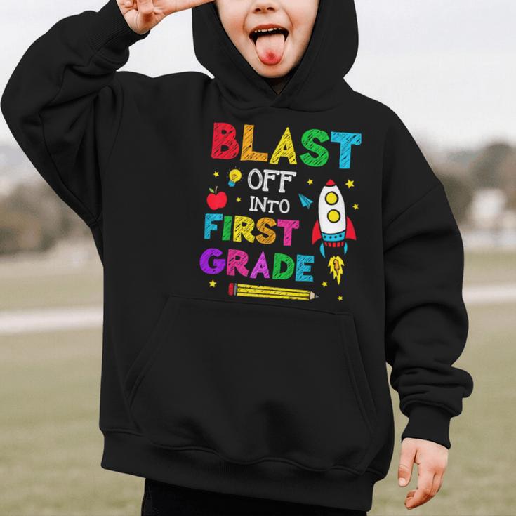 Blast Off Into First Grade Squad First Day Back To School Graphic Kid Hoodie Blast Off Into First Grade Squad First Day Back To School Graphic Kid Hoodie