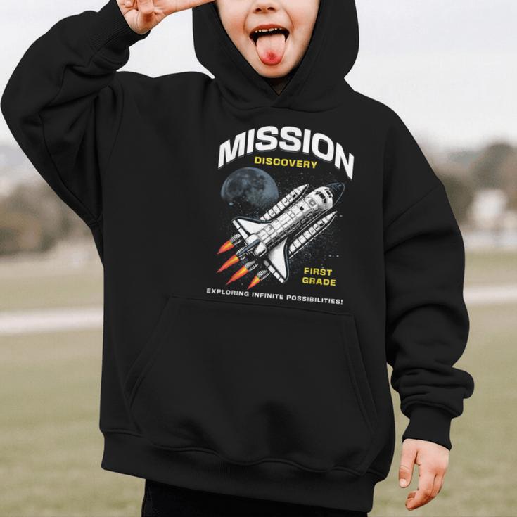 First Grade Back To School Space Rocket Astronaut Graphic Kid Hoodie First Grade Back To School Space Rocket Astronaut Graphic Kid Hoodie
