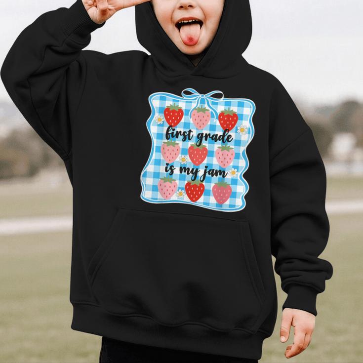 First Grade Is My Jam Strawberry 1st Grade Back To School Graphic Kid Hoodie