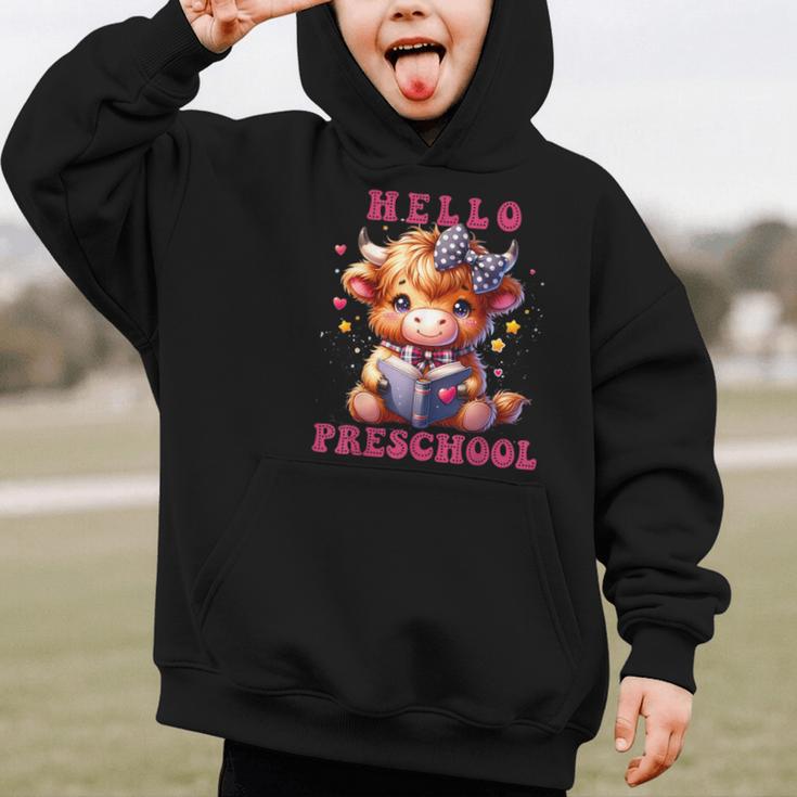 Hello Preschool Cute Highland Cow Lover Back To School Graphic Kid Hoodie Hello Preschool Cute Highland Cow Lover Back To School Graphic Kid Hoodie