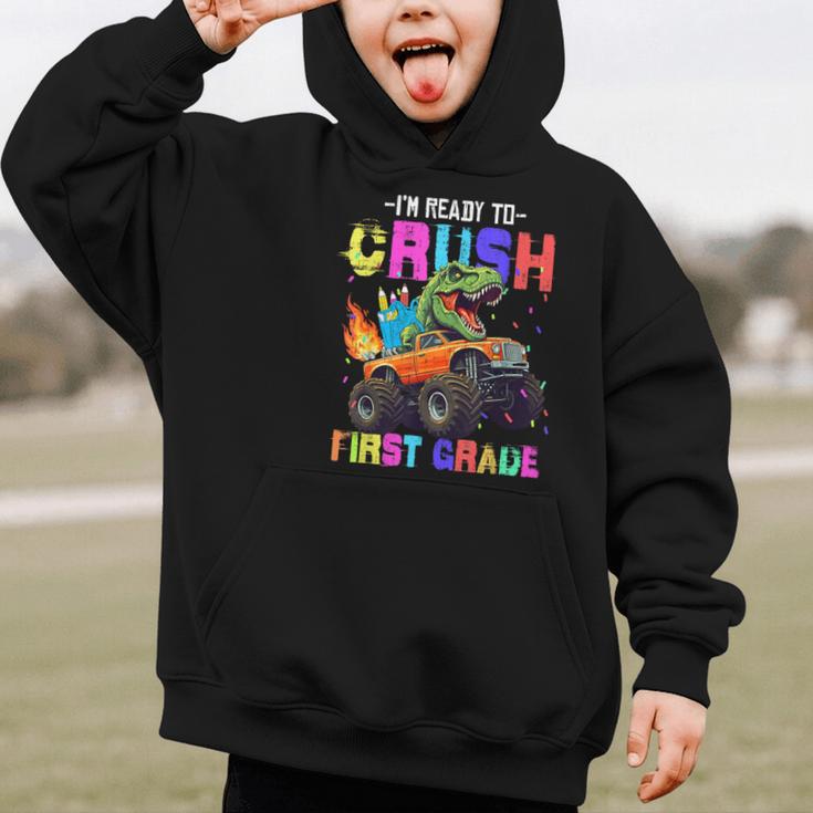 I'm Ready To Crush First Grade Dinosaur Truck Back To School Graphic Kid Hoodie I'm Ready To Crush First Grade Dinosaur Truck Back To School Graphic Kid Hoodie