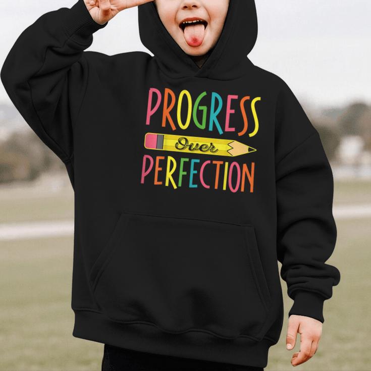 Motivational Quotes Back To School Progress Over Perfection Graphic Kid Hoodie Motivational Quotes Back To School Progress Over Perfection Graphic Kid Hoodie