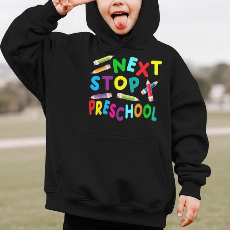 Next Stop Preschool Preschool Back To School 2024 Graphic Kid Hoodie Next Stop Preschool Preschool Back To School 2024 Graphic Kid Hoodie