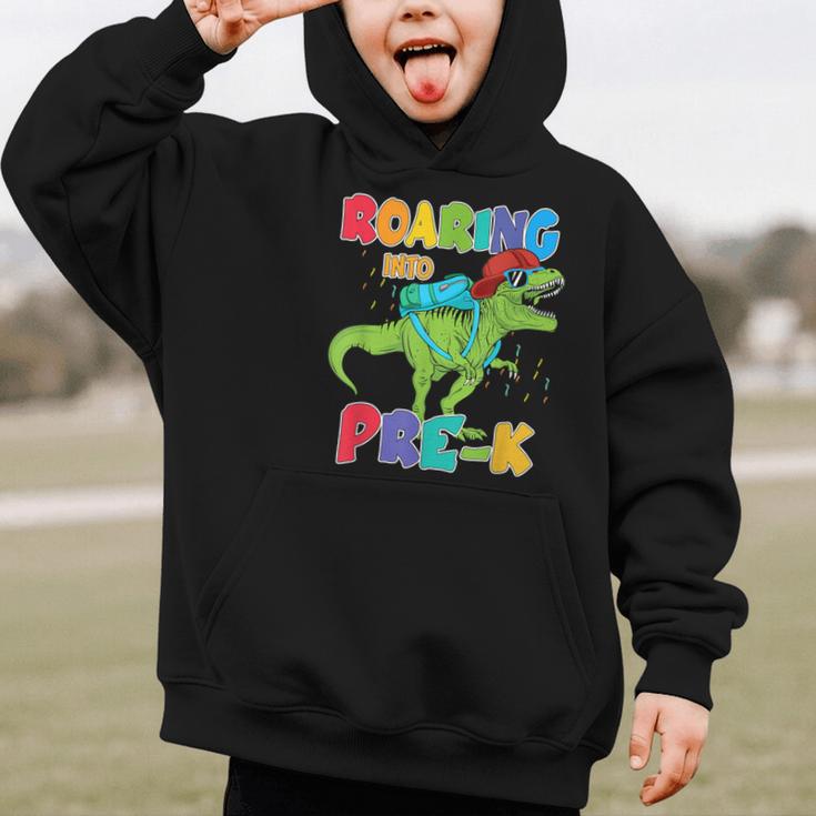 Roaring Into Pre-K Preschool Dinosaur Back To School Graphic Kid Hoodie Roaring Into Pre-K Preschool Dinosaur Back To School Graphic Kid Hoodie